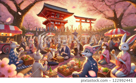 Rabbits enjoying cherry blossom viewing under the cherry blossoms 122992441