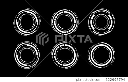 Set of sci fi white circle user interface elements technology futuristic design modern creative on black background vector Set of sci fi white circle user interface elements technology futuristic design modern creative on black background vector 122992794