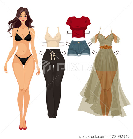 paper doll with a set of clothes. evening dress, tracksuit, shorts with a T-shirt. vector illustration paper doll with a set of clothes. evening dress, tracksuit, shorts with a T-shirt. vector illustration 122992942
