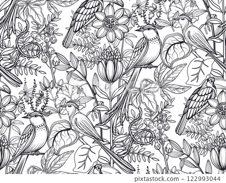 Vector seamless pattern with tropical plants and flowers, wild exotic birds. 122993044