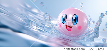 A pink droplet, ball or soap bubble splashes in the water, smiling sweetly. Background blue water with ripples on the surface. Children toy round drop with splashes and bubbles 122993251