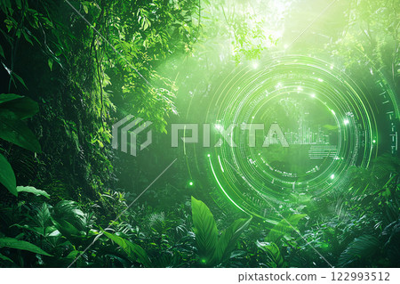 A lush green landscape with holographic data, symbolizing environmental impact assessment A lush green landscape with holographic data, symbolizing environmental impact assessment 122993512