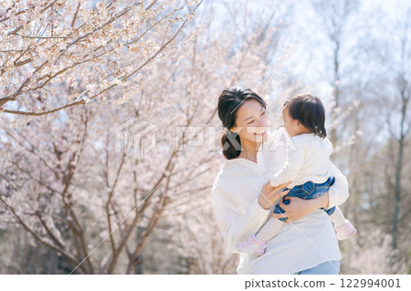 Mother and daughter playing in a cherry blossom park 122994001