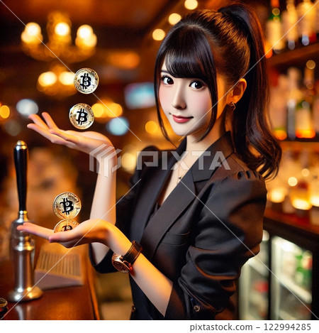 Japanese woman juggling bitcoins Japanese woman juggling bitcoins 122994285