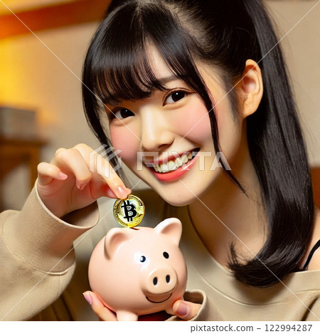 Japanese woman putting bitcoin into piggy bank Japanese woman putting bitcoin into piggy bank 122994287