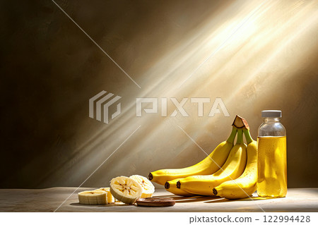 A still life of bananas and vitamin rich foods in dramatic chiaroscuro lighting highlights 122994428