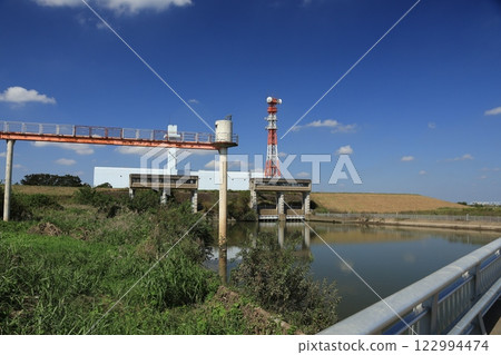 The area around the Misato Floodway flowing into the Edogawa River with blue skies and clouds 122994474