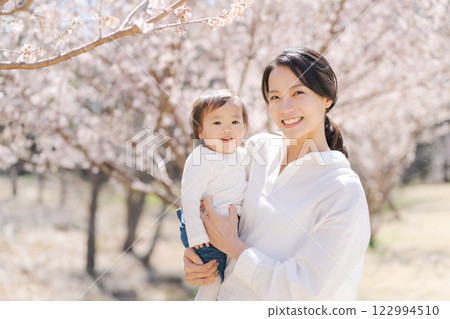 父母與孩子在櫻花盛開的公園裡微笑 父母與孩子在櫻花盛開的公園裡微笑 122994510