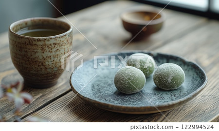[日式點心] 看起來很美味的草餅和茶 122994524