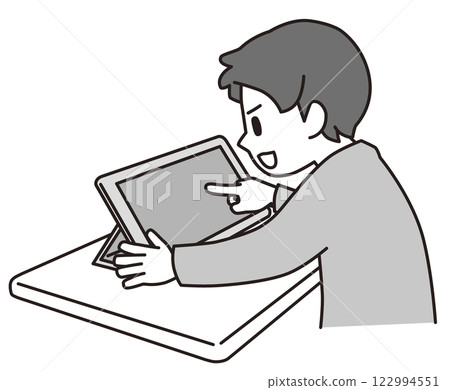 Monochrome illustration of a boy operating a tablet 122994551