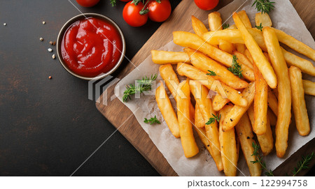 Crispy french fries with ketchup sauce on the wooden board 122994758