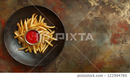 Top view photo of crispy french fries with ketchup on a dark plate 122994760