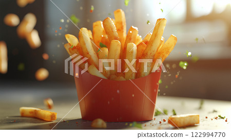 Paper wrapper of delicious golden french fries 122994770