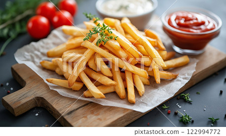 Crispy french fries with ketchup and tomato on the wooden board 122994772