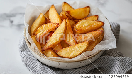Dish of crispy french fries on a beautiful background 122994789