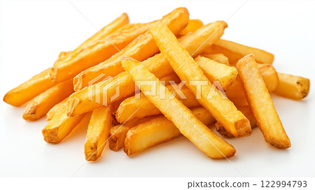 Delicious golden french fries piled on white background 122994793