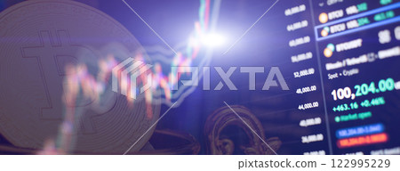 Cryptocurrency trading interface: Bitcoin symbol and financial market analysis 122995229