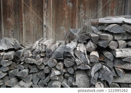 Firewood stacked in preparation for winter 122995262
