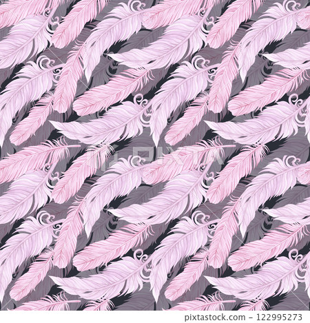 Carnival pink feathers seamless pattern. Hand drawn watercolor illustration isolated dark background. Can be used for textile, fabric, scrapbook and other printed products. 122995273