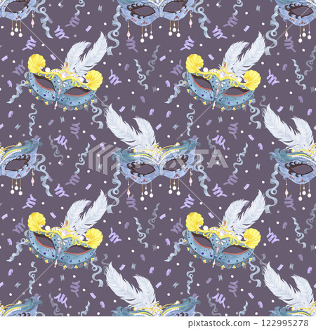 Carnival mask with feathers and ribbons seamless pattern. Hand drawn watercolor illustration isolated on purple background. Can be used for textile, fabric, scrapbook and other printed products. 122995278