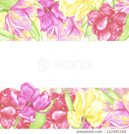 Hand drawn watercolor delicate tulips with green leaves frame border. Illustration of flowers isolated on white background. Can be used for postcard, invitation, scrapbook and other printed products. Hand drawn watercolor delicate tulips with green leaves frame border. Illustration of flowers isolated on white background. Can be used for postcard, invitation, scrapbook and other printed products. 122995288