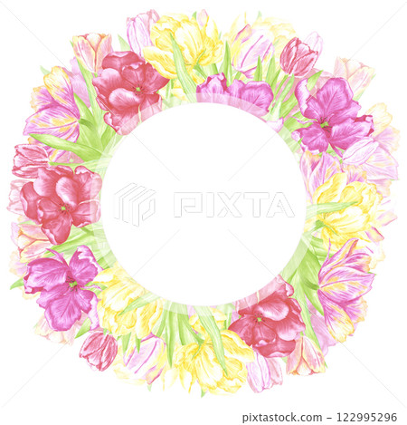 Hand drawn watercolor colorful tulips with green leaves wreath. Illustration of flowers isolated on white background. Can be used for postcard, invitation, album and other printed products. Hand drawn watercolor colorful tulips with green leaves wreath. Illustration of flowers isolated on white background. Can be used for postcard, invitation, album and other printed products. 122995296