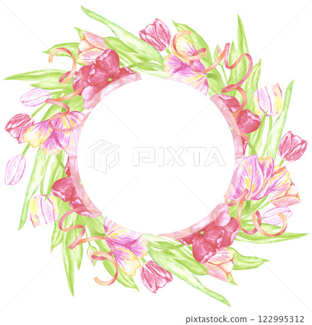 Hand drawn watercolor colorful tulips green leaves with red ribbons wreath isolated on white background. Can be used for postcard, invitation, album and other printed products. 122995312