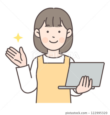 A housewife giving directions while holding a computer_Yellow A housewife giving directions while holding a computer_Yellow 122995320