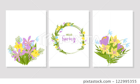 Hello Spring template poster or cards set. Wreath and bouquet. Colorful background with beautiful flowers. Vector illustration for cover design marketing material natural and organic products. Hello Spring template poster or cards set. Wreath and bouquet. Colorful background with beautiful flowers. Vector illustration for cover design marketing material natural and organic products. 122995355