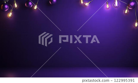 Festive Purple Background with Decorative Lights and Ornaments 122995391