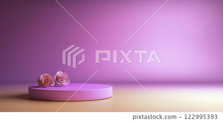 Soft Pink Background with Two Roses on Round Pedestal Display Soft Pink Background with Two Roses on Round Pedestal Display 122995393
