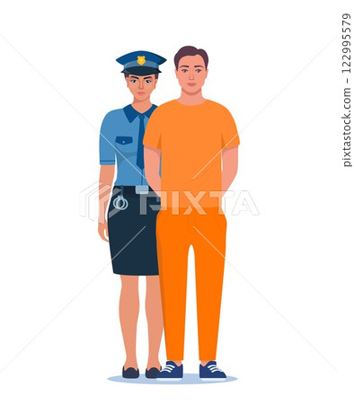 Woman police officer holding handcuffed criminal in orange prison uniform. Prisoner standing with police officer. Vector illustration. Woman police officer holding handcuffed criminal in orange prison uniform. Prisoner standing with police officer. Vector illustration. 122995579