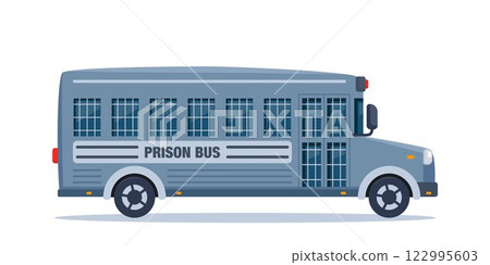 Gray prison bus. Prisoner transportation vehicle. Vector flat style illustration. Gray prison bus. Prisoner transportation vehicle. Vector flat style illustration. 122995603
