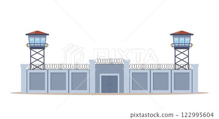 Prison fence with checkpoint, watchtower, block post, gate. Fence wire mesh barbed wire. Vector illustration. Prison fence with checkpoint, watchtower, block post, gate. Fence wire mesh barbed wire. Vector illustration. 122995604