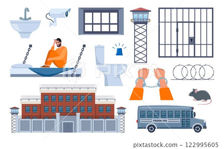 Prison elements. Observation tower, bed, prisoner man, window, prison bars, toilet bowl, sink, jail cell, rat, barbed wire, hands in handcuffs, security camera. Penitentiary system icons. Vector. 122995605