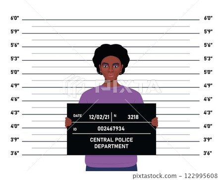 Criminal mugshot front view on measuring scale background in police station. Arrested woman posing for identification photo. Vector illustration. 122995608