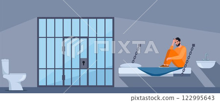Man in prisoners cell. Serving time for crime. Violation of law. Guy in orange uniform on bunk. Jail interior. Convicted lawbreaker sitting on bed. Vector illustration. Man in prisoners cell. Serving time for crime. Violation of law. Guy in orange uniform on bunk. Jail interior. Convicted lawbreaker sitting on bed. Vector illustration. 122995643