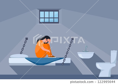 Woman in prisoners cell. Serving time for crime. Violation of law. Girl in orange uniform on bunk. Jail interior. Convicted lawbreaker sitting on bed. Vector illustration. Woman in prisoners cell. Serving time for crime. Violation of law. Girl in orange uniform on bunk. Jail interior. Convicted lawbreaker sitting on bed. Vector illustration. 122995644