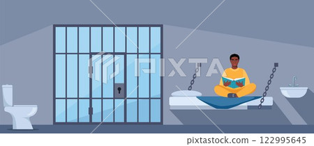 Black man in prisoners cell. Serving time for crime. Violation of law. Guy in orange uniform reading book. Jail interior. Convicted lawbreaker sitting on bed. Vector illustration. 122995645