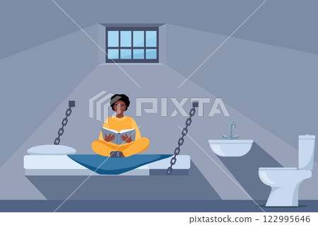 Black woman in prisoners cell. Serving time for crime. Violation of law. Girl in orange uniform reading book. Jail interior. Convicted lawbreaker sitting on bed. Vector illustration. 122995646