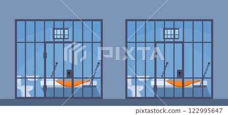 Prison metal bars. Prison cells interior. Iron jail cage. Template design for criminal or sentence. Vector Prison metal bars. Prison cells interior. Iron jail cage. Template design for criminal or sentence. Vector 122995647