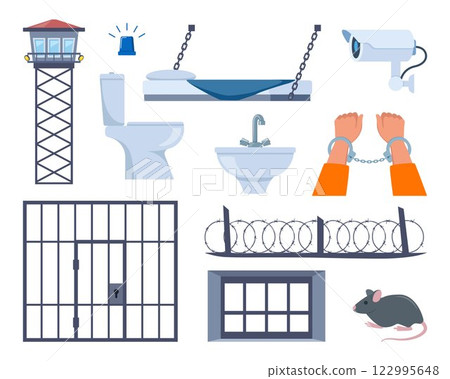 Prison elements. Observation tower, bed, window, prison bars, toilet bowl, sink, jail cell, rat, barbed wire, hands in handcuffs, security camera. Penitentiary system concept icons. Vector. 122995648