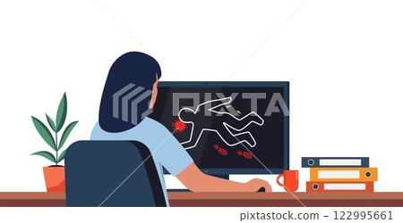 Investigation department office. Woman police officer viewing crime scene on computer screen, analyze criminal case information. Vector illustration. 122995661