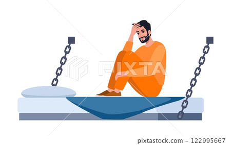 Man in prisoners cell. Serving time for crime. Violation of law. Guy in orange uniform on bunk. Jail interior. Convicted lawbreaker sitting on bed. Vector illustration. 122995667