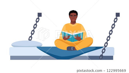 Black man in prisoners cell. Serving time for crime. Violation of law. Guy in orange uniform reading book. Jail interior. Convicted lawbreaker sitting on bed. Vector illustration. Black man in prisoners cell. Serving time for crime. Violation of law. Guy in orange uniform reading book. Jail interior. Convicted lawbreaker sitting on bed. Vector illustration. 122995669