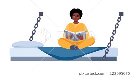 Black woman in prisoners cell. Serving time for crime. Violation of law. Girl in orange uniform reading book. Jail interior. Convicted lawbreaker sitting on bed. Vector illustration. Black woman in prisoners cell. Serving time for crime. Violation of law. Girl in orange uniform reading book. Jail interior. Convicted lawbreaker sitting on bed. Vector illustration. 122995670