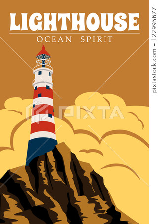 Vintage Poster Lighthouse tower, beacon on seashore ocean 122995677