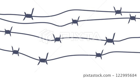 Barbed wire metallic border elements, sharply barb wire fencing. Prison barbed wire. Twisted steel protective barrier with spikes. Design for military, secure object, prison. Vector illustration. 122995684
