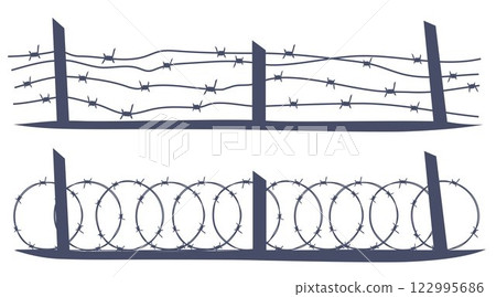 Barbed wire metallic border elements, sharply barb wire fencing. Prison barbed wire. Twisted steel protective barrier with spikes. Design for military, secure object, prison. Vector illustration. 122995686