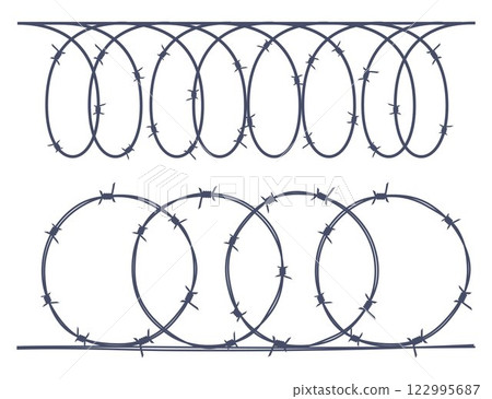 Barbed wire metallic border elements, sharply barb wire fencing. Prison barbed wire. Twisted steel protective barrier with spikes. Design for military, secure object, prison. Vector illustration. 122995687